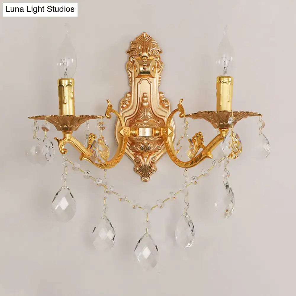 Gold crystal candelabra sconce with two arms, ornate backplate, crystal drops Decorbites on Tampa Home & Garden Store