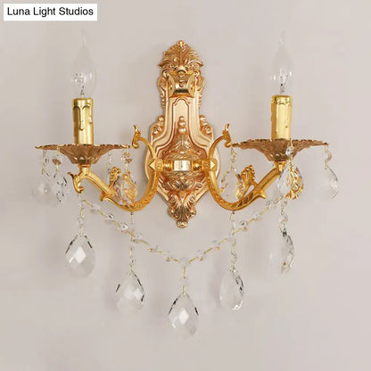 Gold crystal candelabra sconce with two arms, ornate backplate, crystal drops Decorbites on Tampa Home & Garden Store