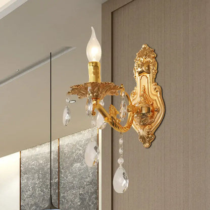 Decorbites Gold Crystal Candelabra Sconce, gold metal wall light with crystal prisms on Tampa Home & Garden Store