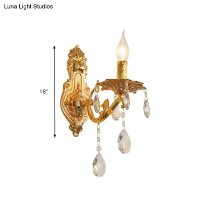 Gold crystal candelabra sconce with ornate backplate and crystal drops, 16in tall Decorbites on Tampa Home & Garden Store