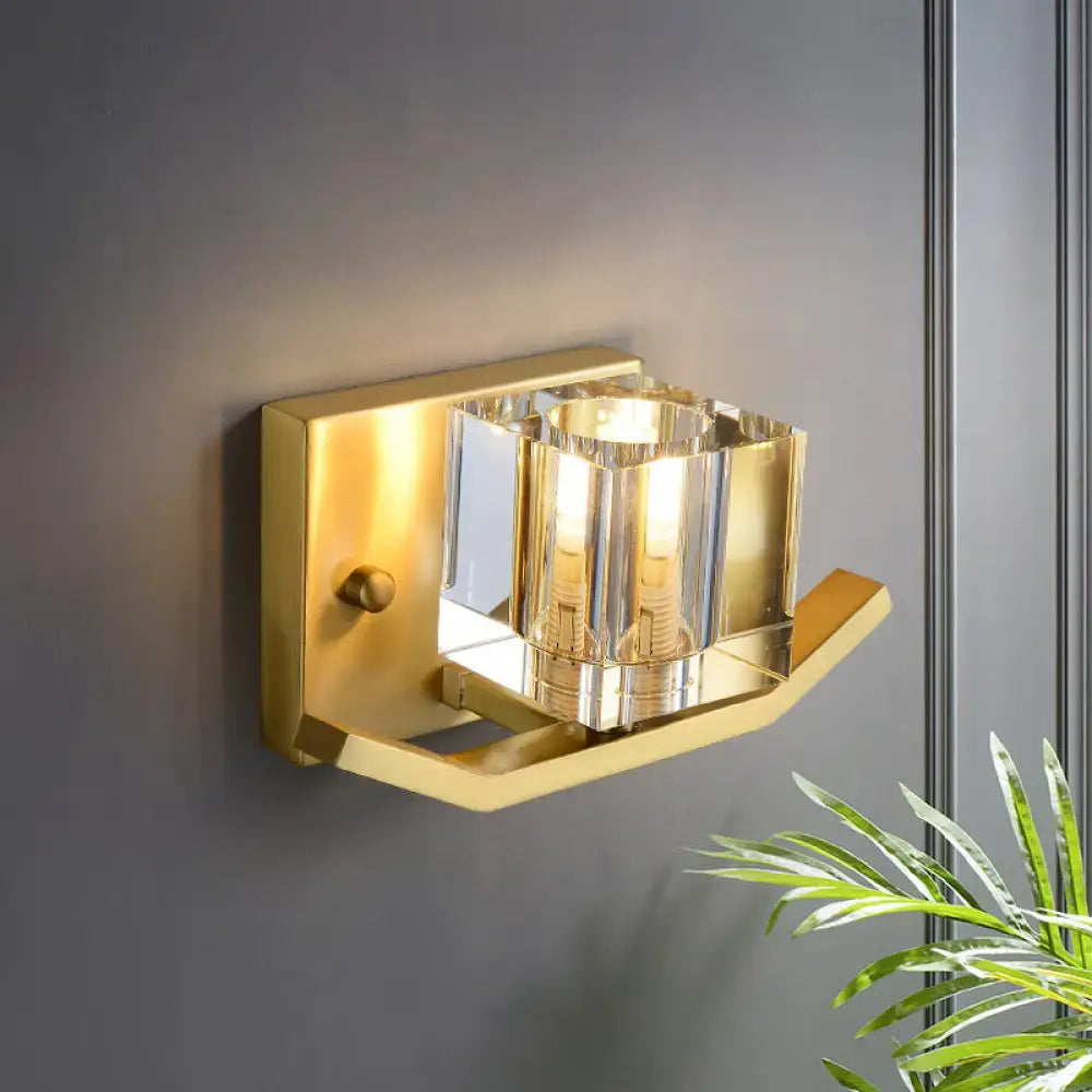 Gold crystal cubic shade wall sconce by Decorbites, brass finish on Tampa Home & Garden Store