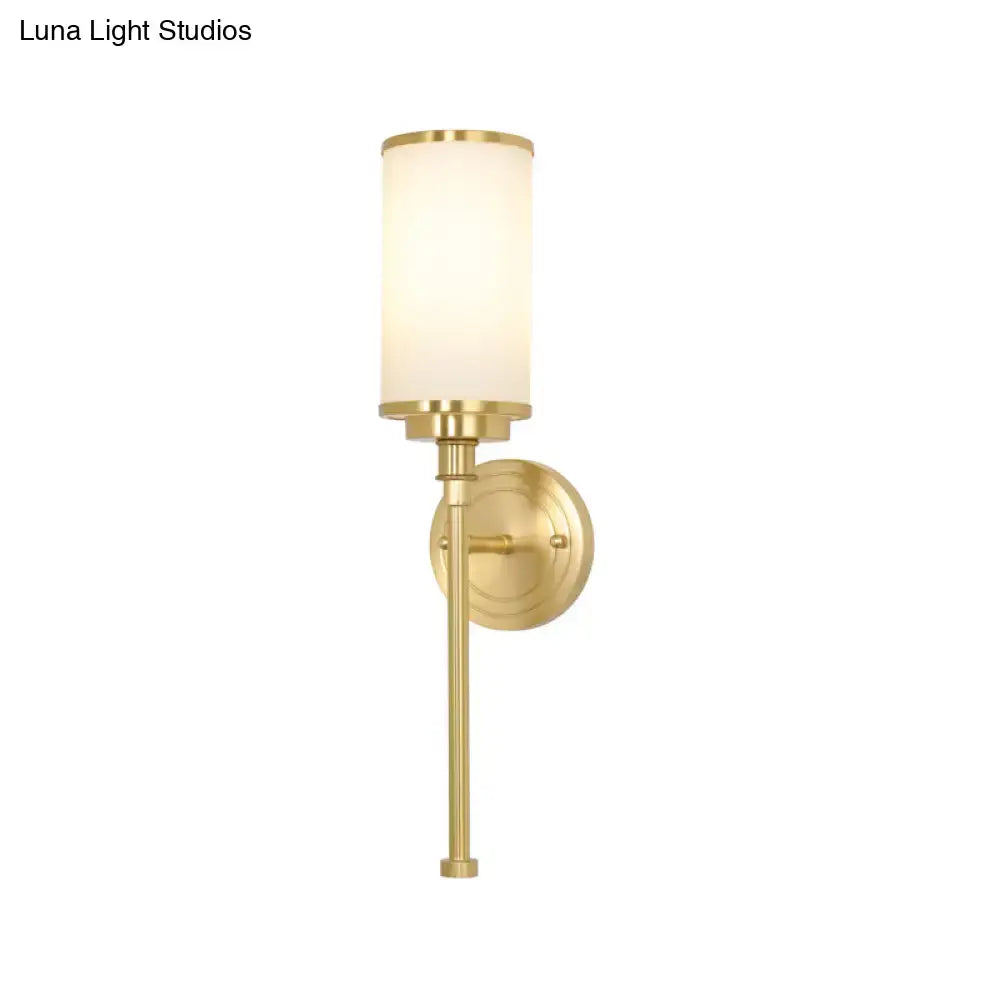 Gold Glass Milky Postmodern Sconce with cylindrical milky shade, Decorbites wall light on Tampa Home & Garden Store
