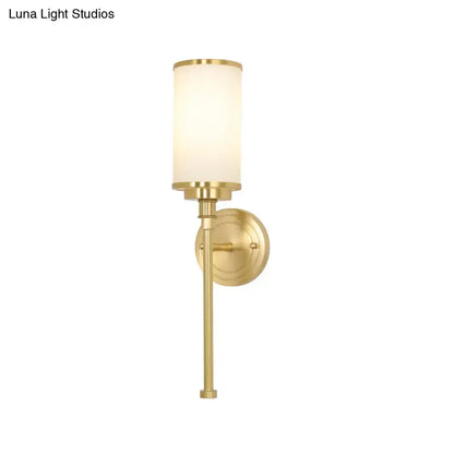 Gold Glass Milky Postmodern Sconce with cylindrical milky shade, Decorbites wall light on Tampa Home & Garden Store