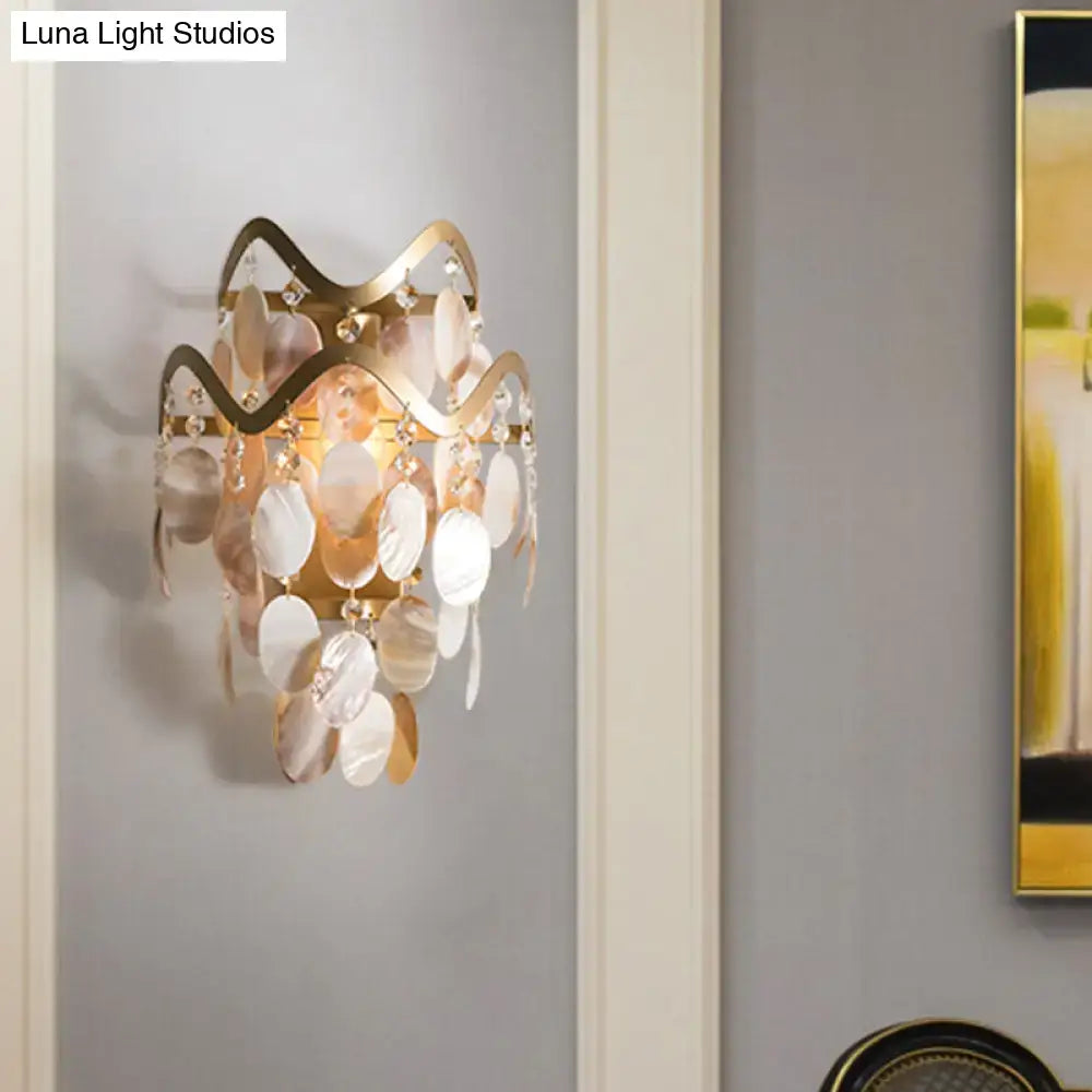 Wave Sconce Light - Gold Wall Mount with Flower Crystal/Shell Accent