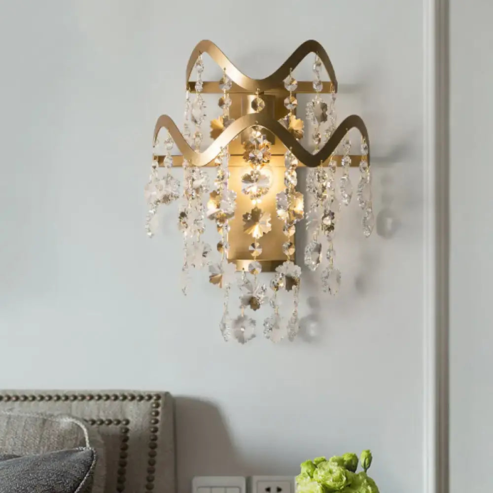 Wave Sconce Light - Gold Wall Mount with Flower Crystal/Shell Accent