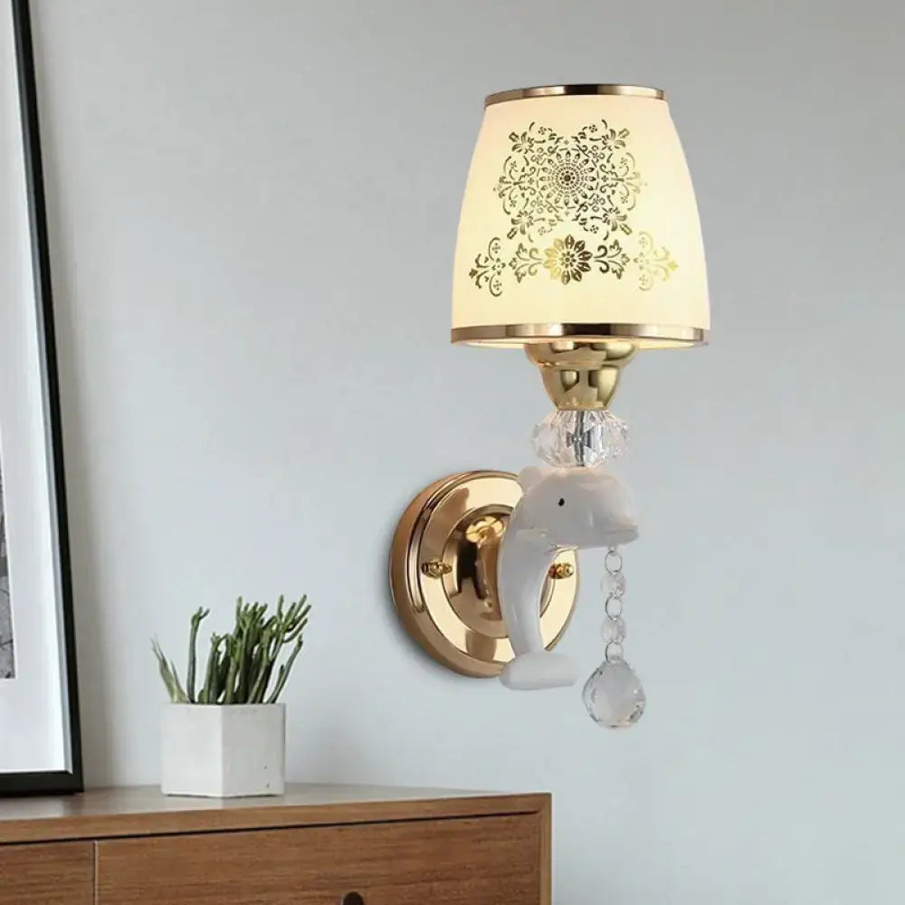 Gold Dolphin Wall Sconce by Decorbites with crystal drops and beige lampshade on Tampa Home & Garden Store