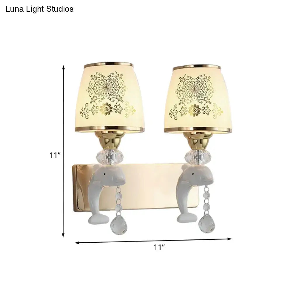 Gold Dolphin Wall Sconce pair by Decorbites; ivory shades, gold-tone fixture, crystal drops on Tampa Home & Garden Store