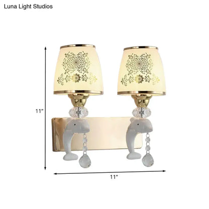 Gold Dolphin Wall Sconce pair by Decorbites; ivory shades, gold-tone fixture, crystal drops on Tampa Home & Garden Store
