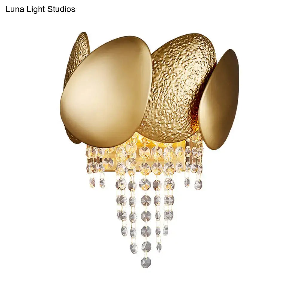 Gold Egg Crystal Wall Sconce with gold-tone petals and crystal fringe by Decorbites on Tampa Home & Garden Store