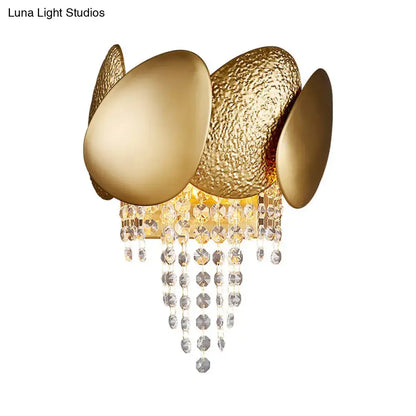 Gold Egg Crystal Wall Sconce with gold-tone petals and crystal fringe by Decorbites on Tampa Home & Garden Store