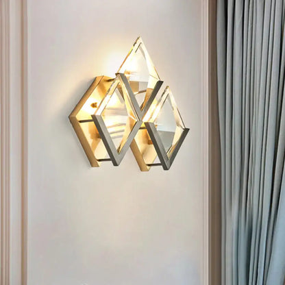 Golden crystal wall sconce by Decorbites, geometric gold metal frame with glass panels on Tampa Home & Garden Store