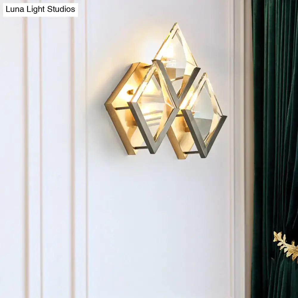 Golden crystal geometric wall sconce brass frame by Decorbites lit warm glow on Tampa Home & Garden Store