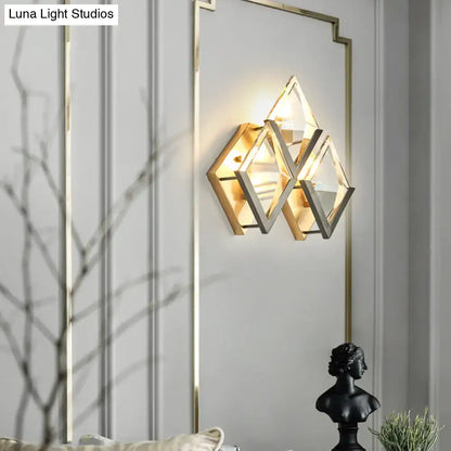 Golden Crystal Wall Sconce by Decorbites with geometric gold frame and crystal accents on wall on Tampa Home & Garden Store