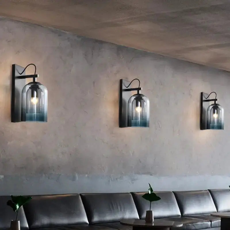 Decorbites gradient glass sconce with blue tint and black backplate, set of 3 on wall on Tampa Home & Garden Store