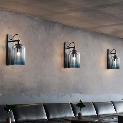 Decorbites gradient glass sconce with blue tint and black backplate, set of 3 on wall on Tampa Home & Garden Store