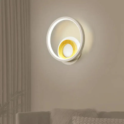 Wood Double Ring Wall Lamp with white outer ring and yellow inner ring on wall on Tampa Home & Garden Store