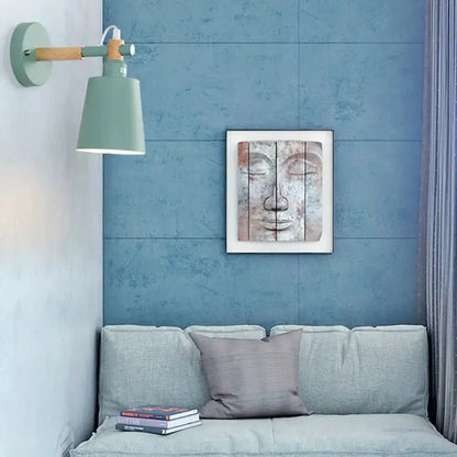 Decorbites modern gray and wood wall sconce light with teal accent wooden arm on Tampa Home & Garden Store