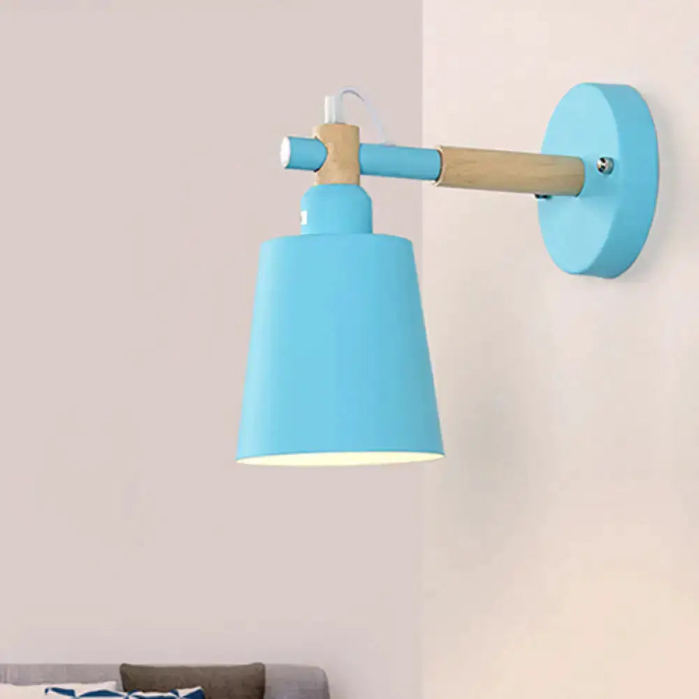 Blue wall sconce with wood arm by Decorbites, round mount modern lamp on Tampa Home & Garden Store