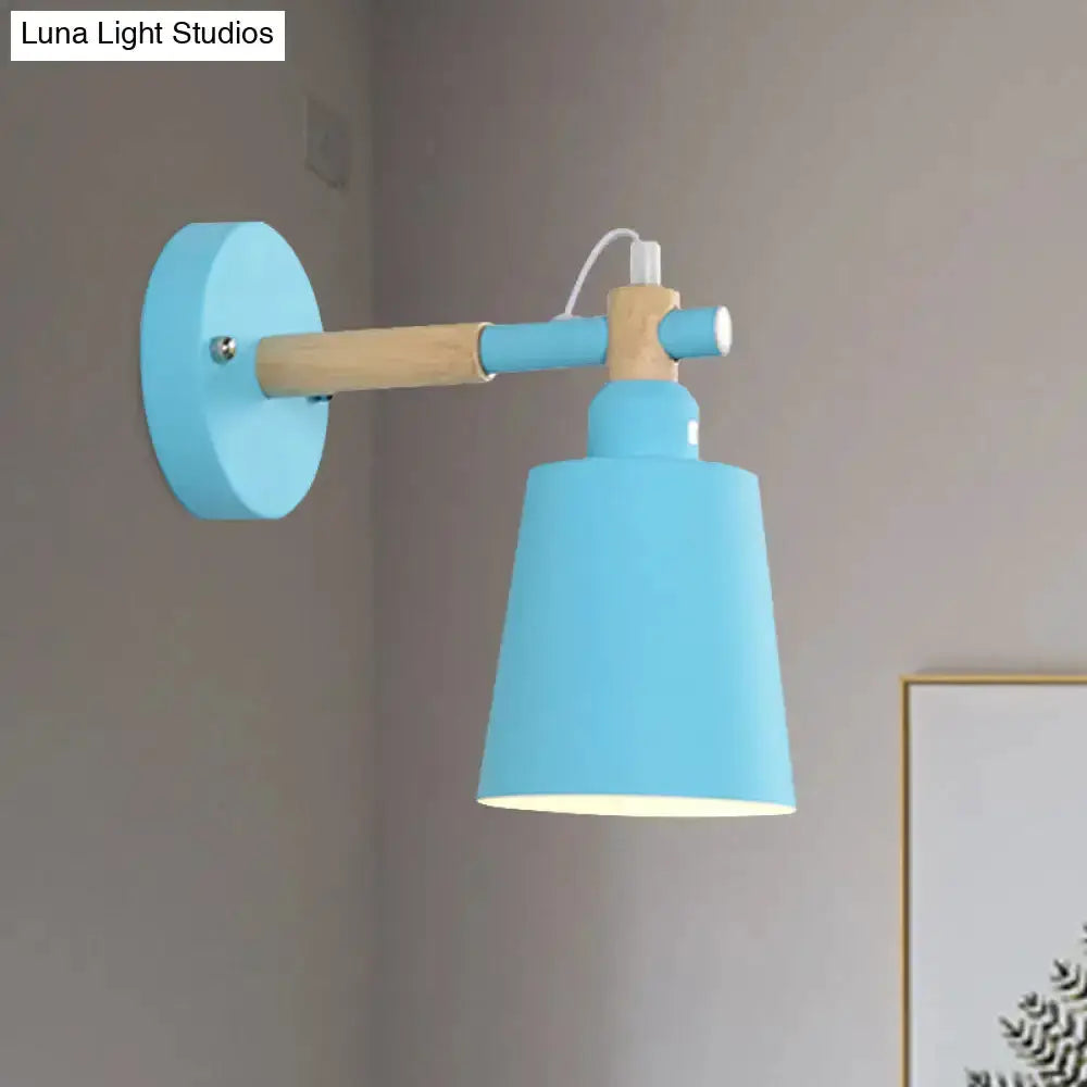 Blue and wood wall sconce light with teal shade and natural wood arm Decorbites on Tampa Home & Garden Store
