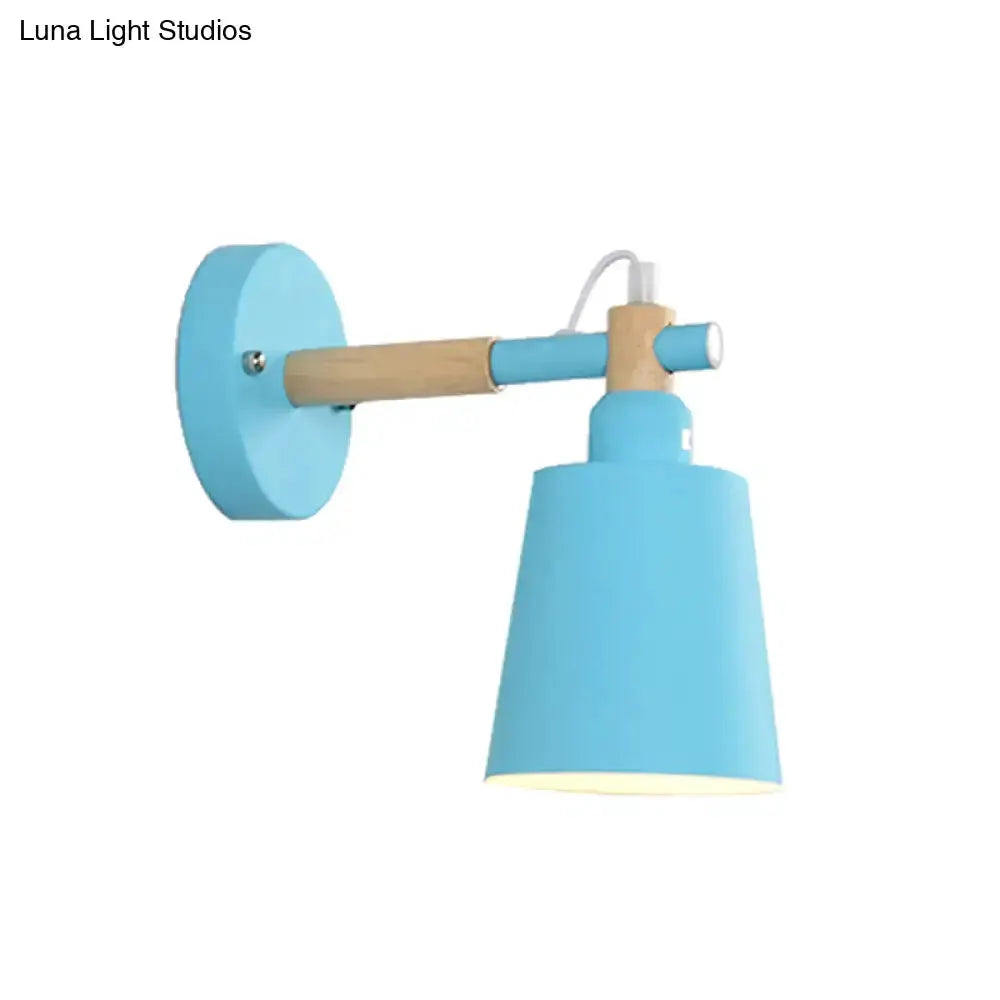 Blue wall sconce light with wooden arm and blue metal shade Decorbites bedroom lamp on Tampa Home & Garden Store