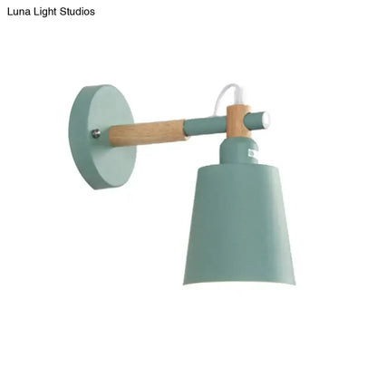 Wall sconce light with teal-gray metal shade and natural wood arm, Decorbites bedroom lamp on Tampa Home & Garden Store