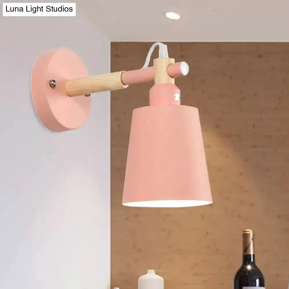 Wall sconce light with pink shade and wood arm by Decorbites, modern bedroom metal lamp on Tampa Home & Garden Store