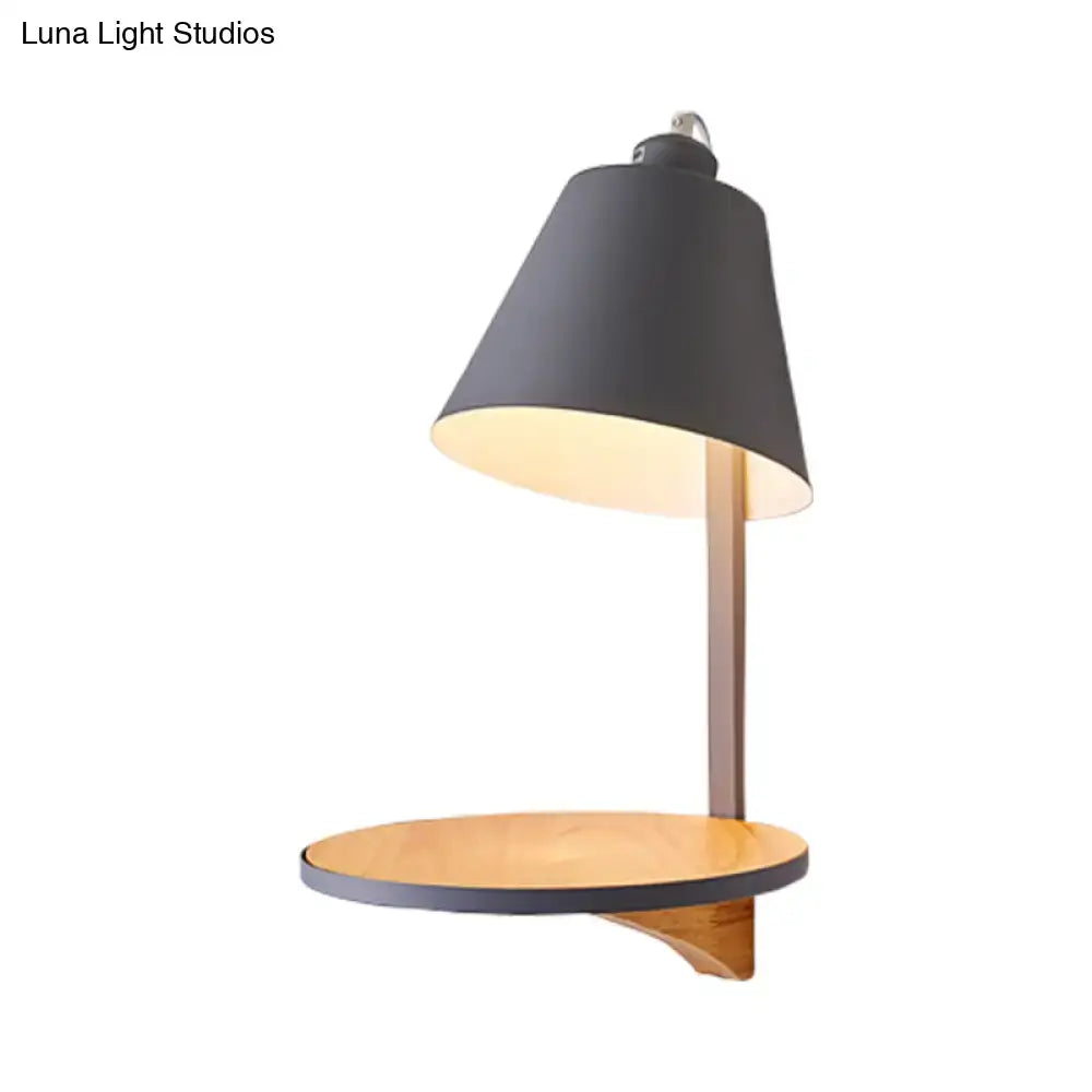 Gray tapered shade sconce with round wooden shelf wall mount by Decorbites on Tampa Home & Garden Store