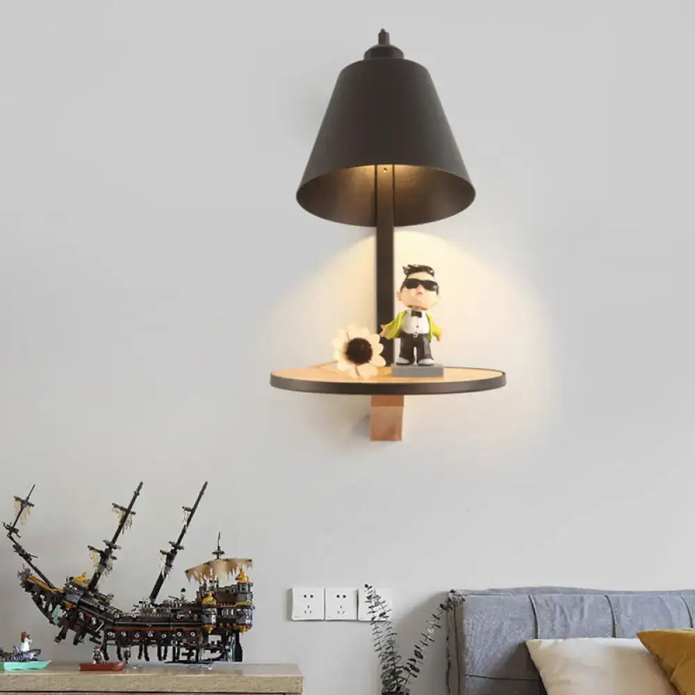 Gray tapered shade sconce by Decorbites with circular wooden shelf and small figurine on Tampa Home & Garden Store