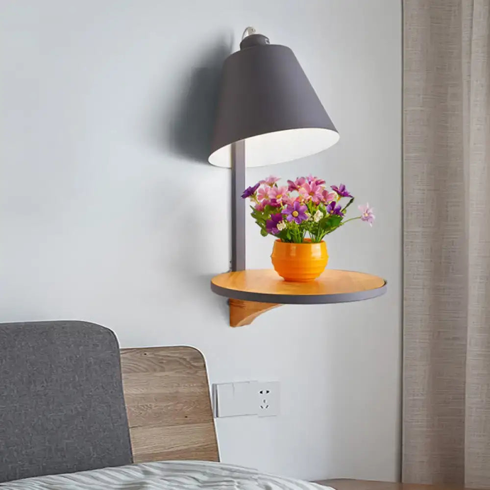 Gray tapered shade sconce with wooden round shelf and orange flower pot Decorbites on Tampa Home & Garden Store
