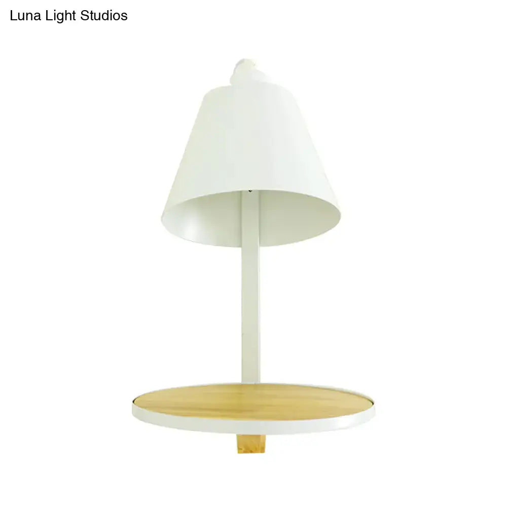 Gray tapered shade sconce with white metal shaft and natural wood round shelf on Tampa Home & Garden Store