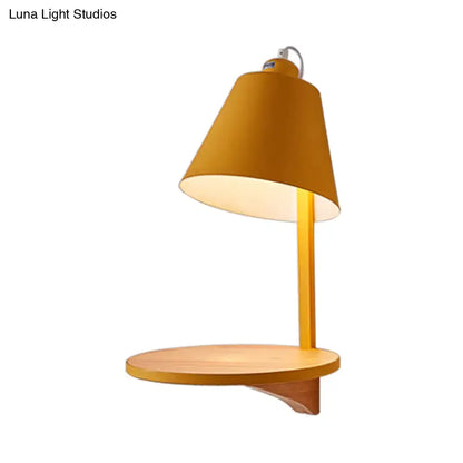 Gray Tapered Shade Sconce wall lamp with warm yellow shade and round wooden shelf on Tampa Home & Garden Store