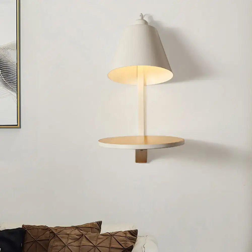 Decorbites gray tapered shade wall sconce with round wooden shelf on Tampa Home & Garden Store