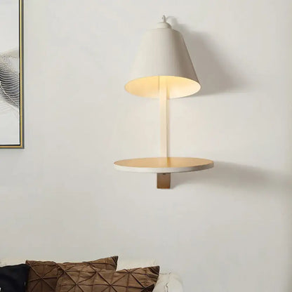 Decorbites gray tapered shade wall sconce with round wooden shelf on Tampa Home & Garden Store