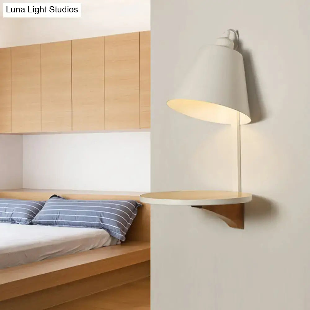 Decorbites gray tapered shade sconce with round wood shelf, modern bedside lighting on Tampa Home & Garden Store