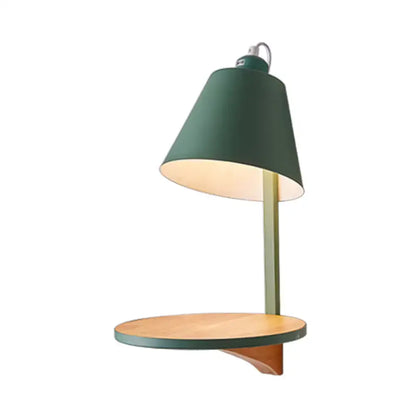 Gray tapered shade sconce with wooden round shelf by Decorbites on Tampa Home & Garden Store