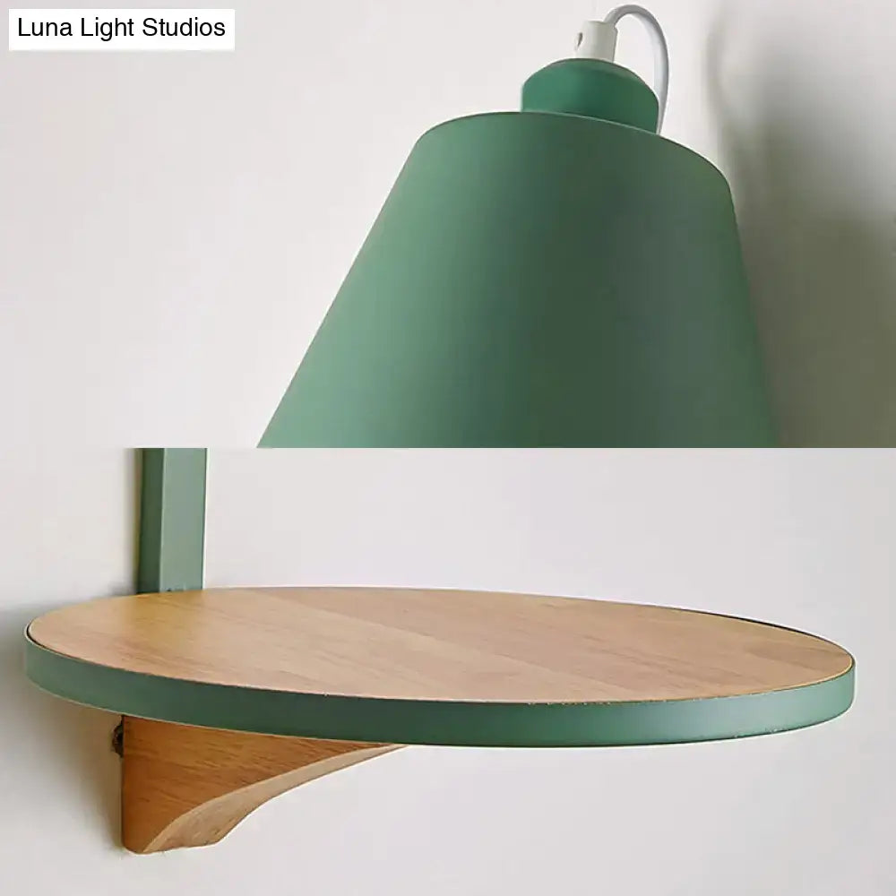 Gray Tapered Shade Sconce featuring green metal shade and circular wood shelf Decorbites on Tampa Home & Garden Store
