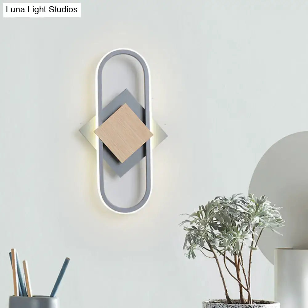 Gray wood geometric sconce with oval LED frame and diamond wood centerpiece by Decorbites on Tampa Home & Garden Store