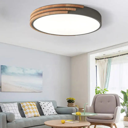 Green wood ceiling light flush mount with natural wood slats and dark gray rim Decorbites on Tampa Home & Garden Store