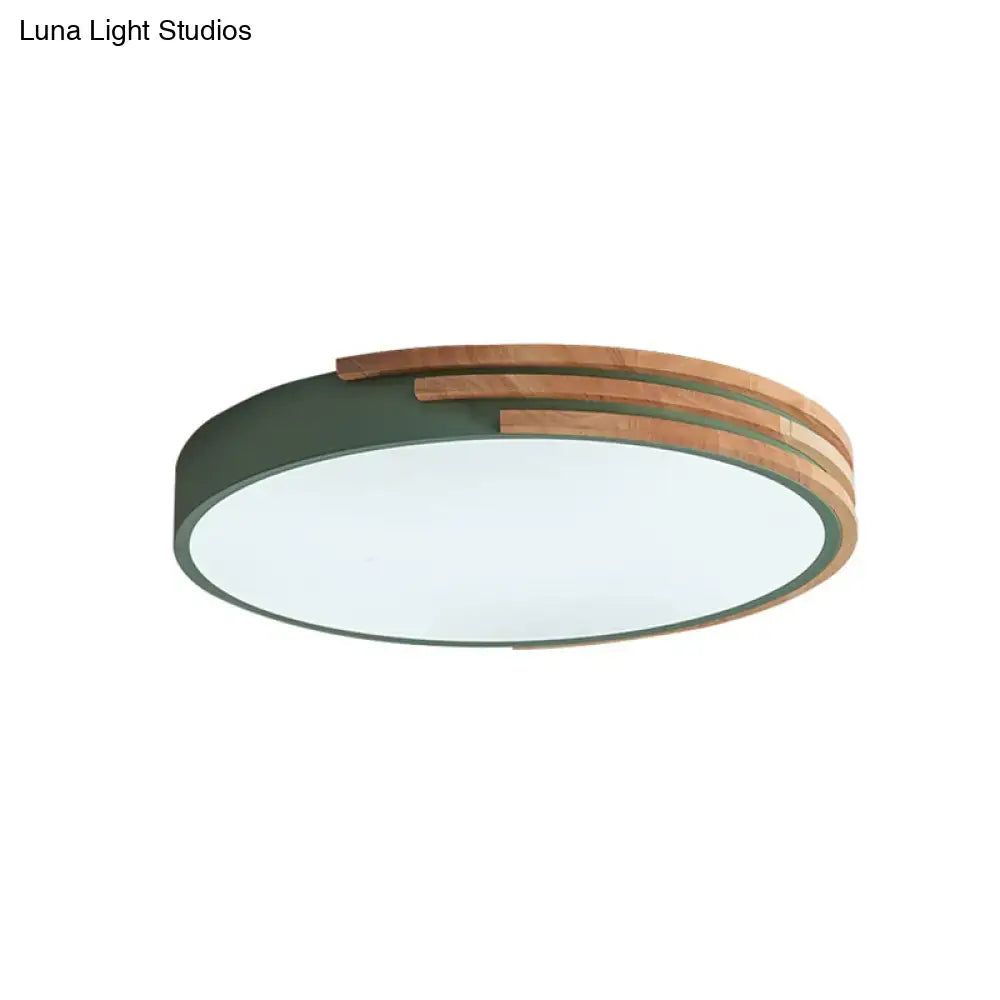 Green wood round ceiling light with frosted diffuser and slat accent Decorbites flush mount on Tampa Home & Garden Store
