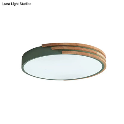 Green wood round ceiling light with frosted diffuser and slat accent Decorbites flush mount on Tampa Home & Garden Store