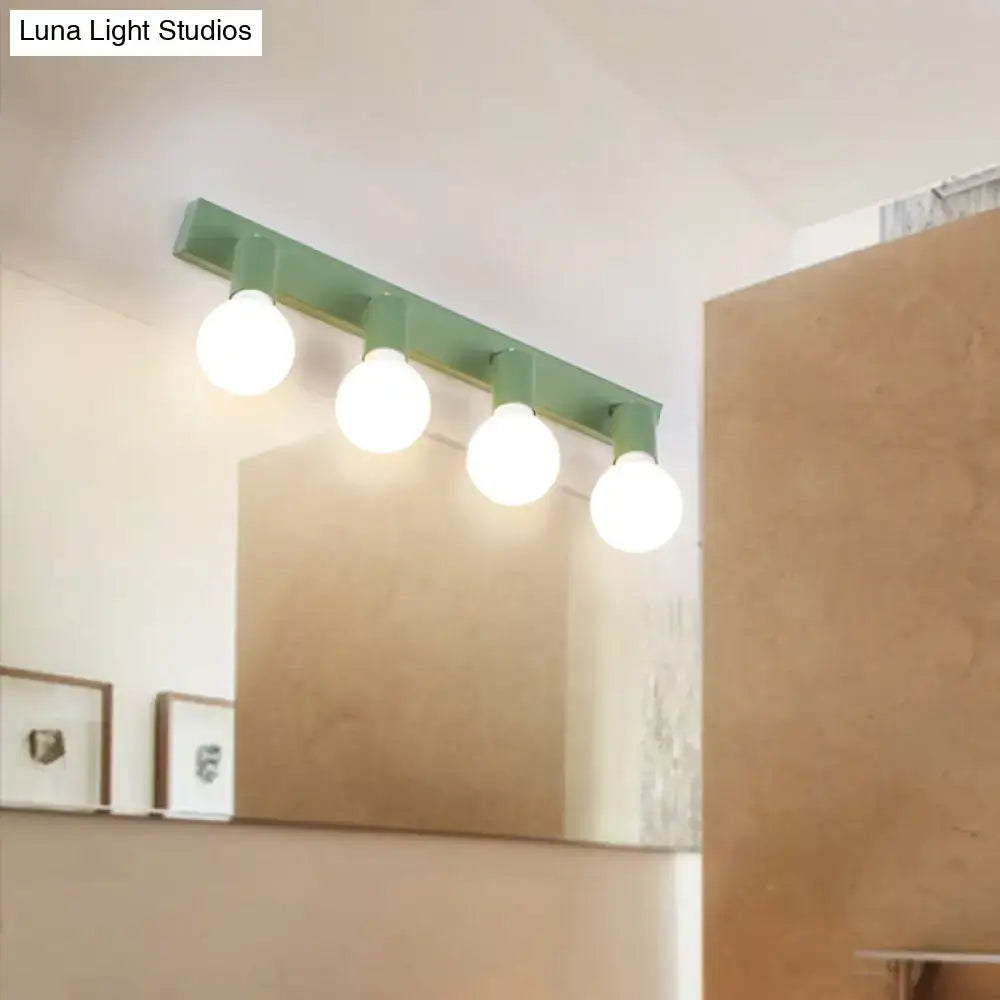 Green Linear Vanity Light Four-Bulb Design, green metal bar with globe bulbs on Tampa Home & Garden Store