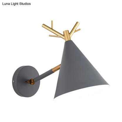 Grey Antler Wall Sconce by Decorbites with grey metal cone shade and gold brass accents on Tampa Home & Garden Store