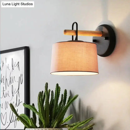Modern grey drum shade wall lamp with wood arm for bedroom lighting Decorbites on Tampa Home & Garden Store