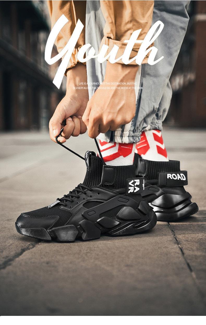 Black high-top chunky sneakers with breathable mesh, lace-up design and ankle strap on Tampa Home & Garden Store