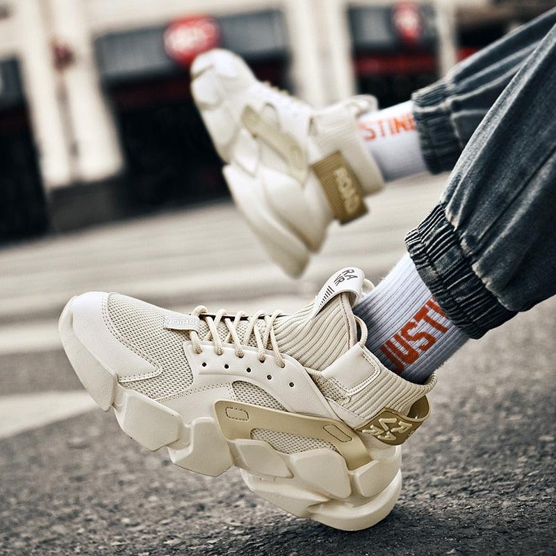 Stevvex beige high-top sneakers with chunky sole, knit collar and lace-up pair shown on street on Tampa Home & Garden Store