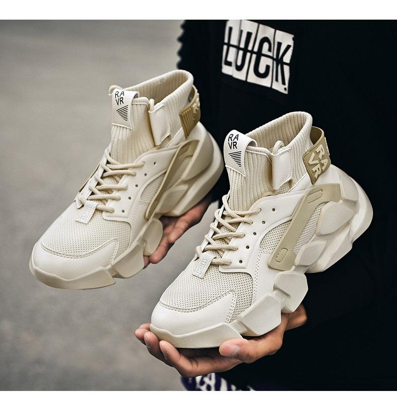 Stevvex beige high-top sneakers with chunky sole and knit upper, two shoes on Tampa Home & Garden Store