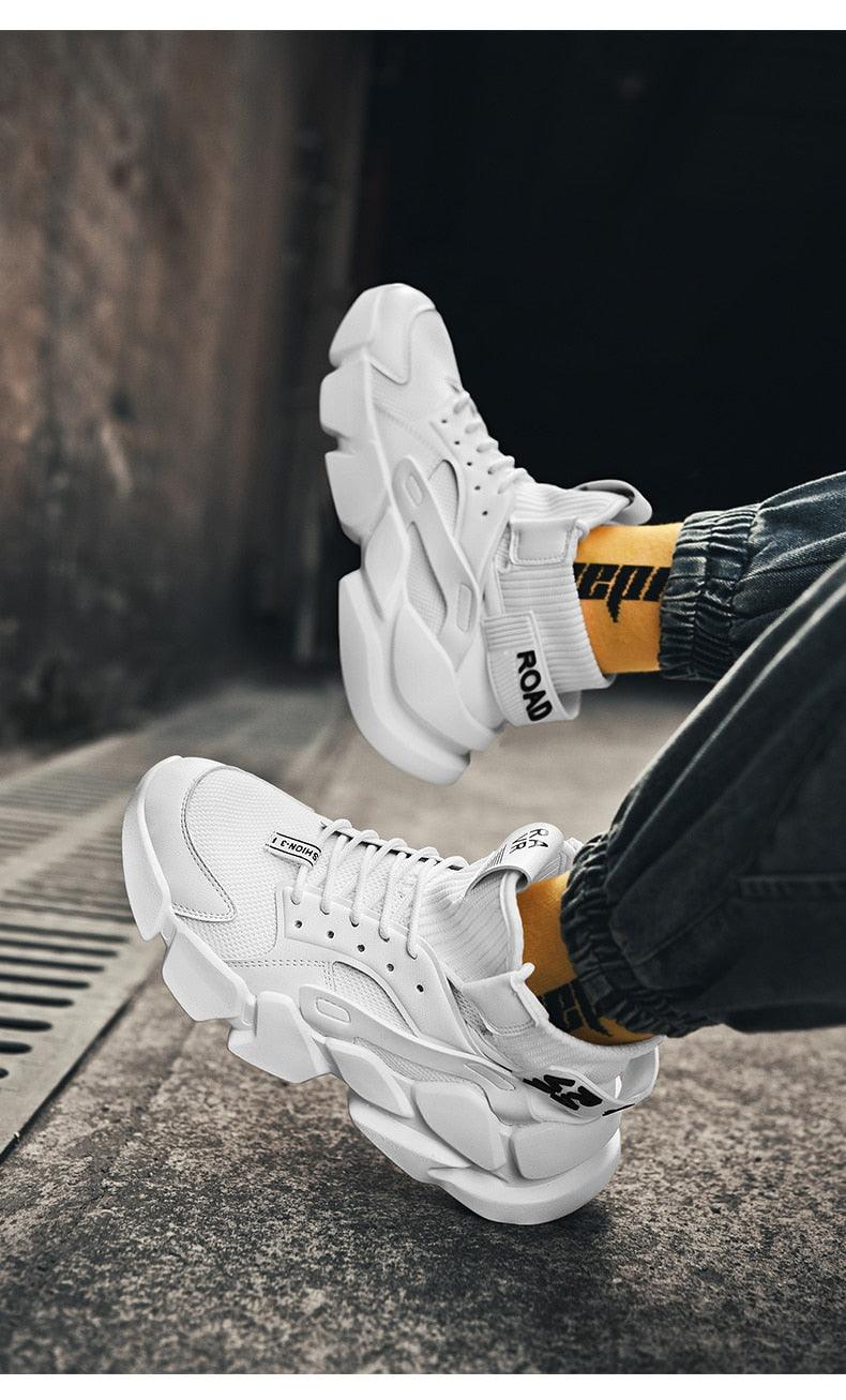 White high-top chunky sneakers by Stevvex with knit upper and thick sole 2 sneakers on Tampa Home & Garden Store