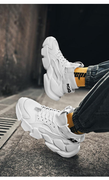 White high-top chunky sneakers by Stevvex with knit upper and thick sole 2 sneakers on Tampa Home & Garden Store