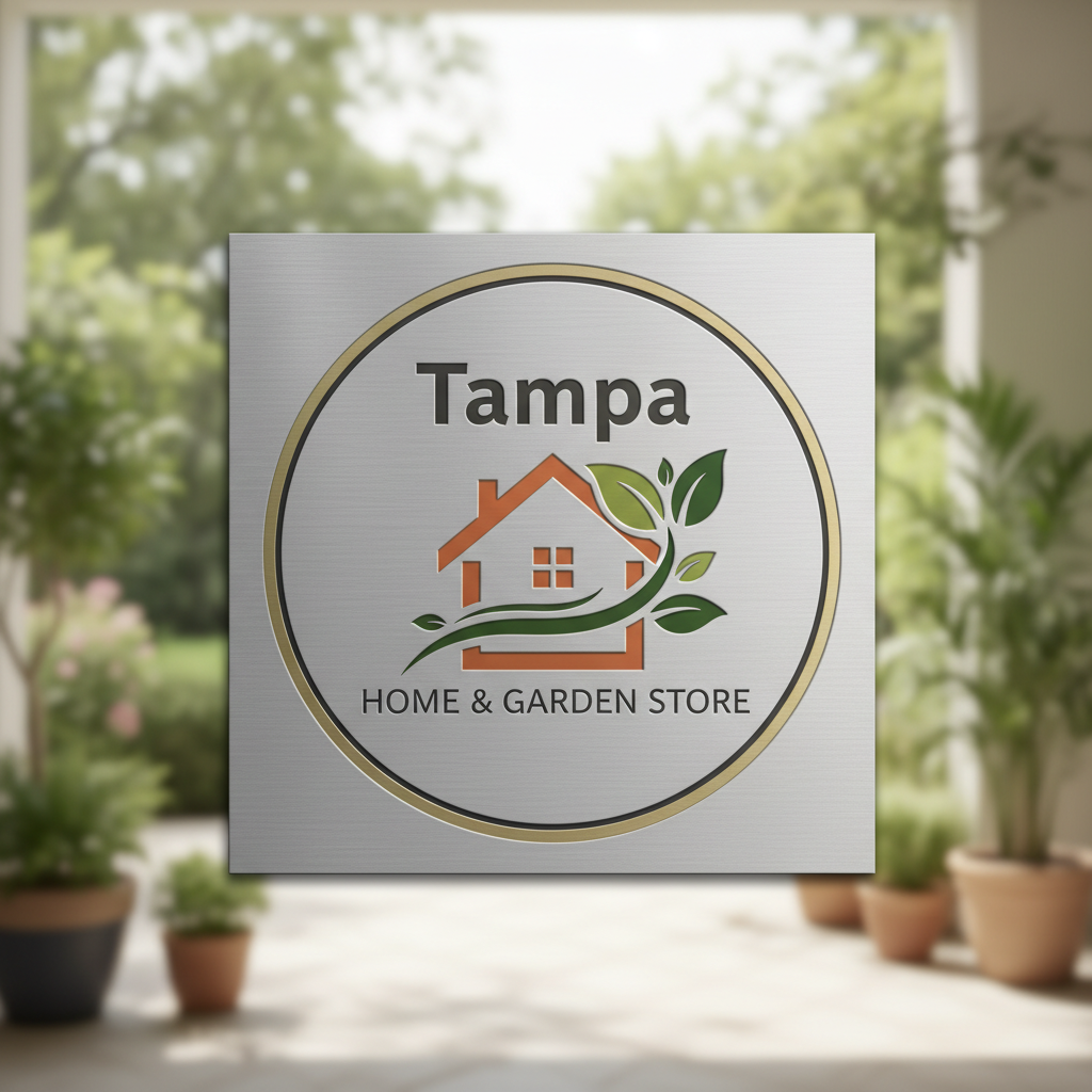Square brushed metal novelty sign featuring a circular logo with an orange house and green leaves on Tampa Home & Garden Store