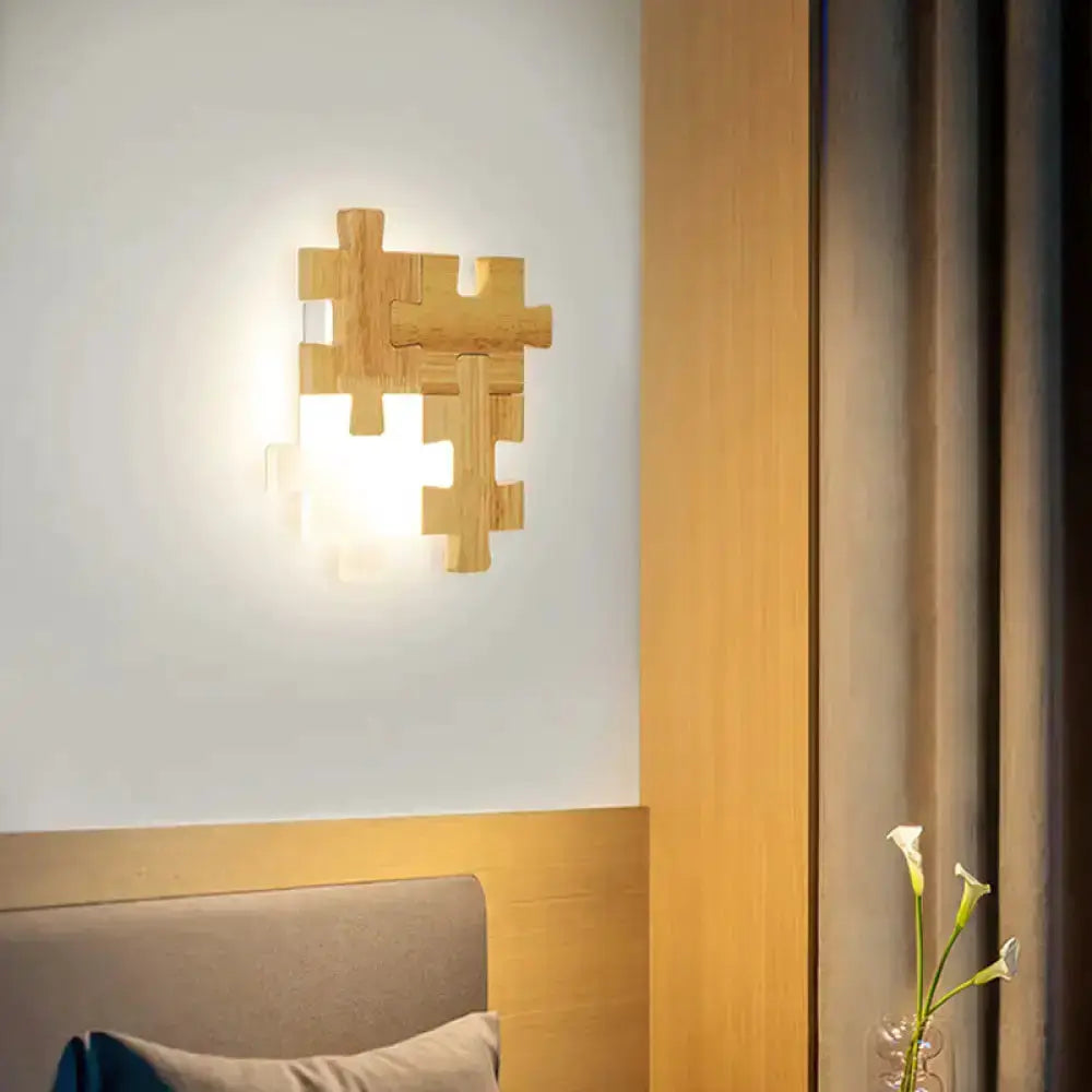 Modern jigsaw wood wall lamp with warm LED glow for bedroom on Tampa Home & Garden Store